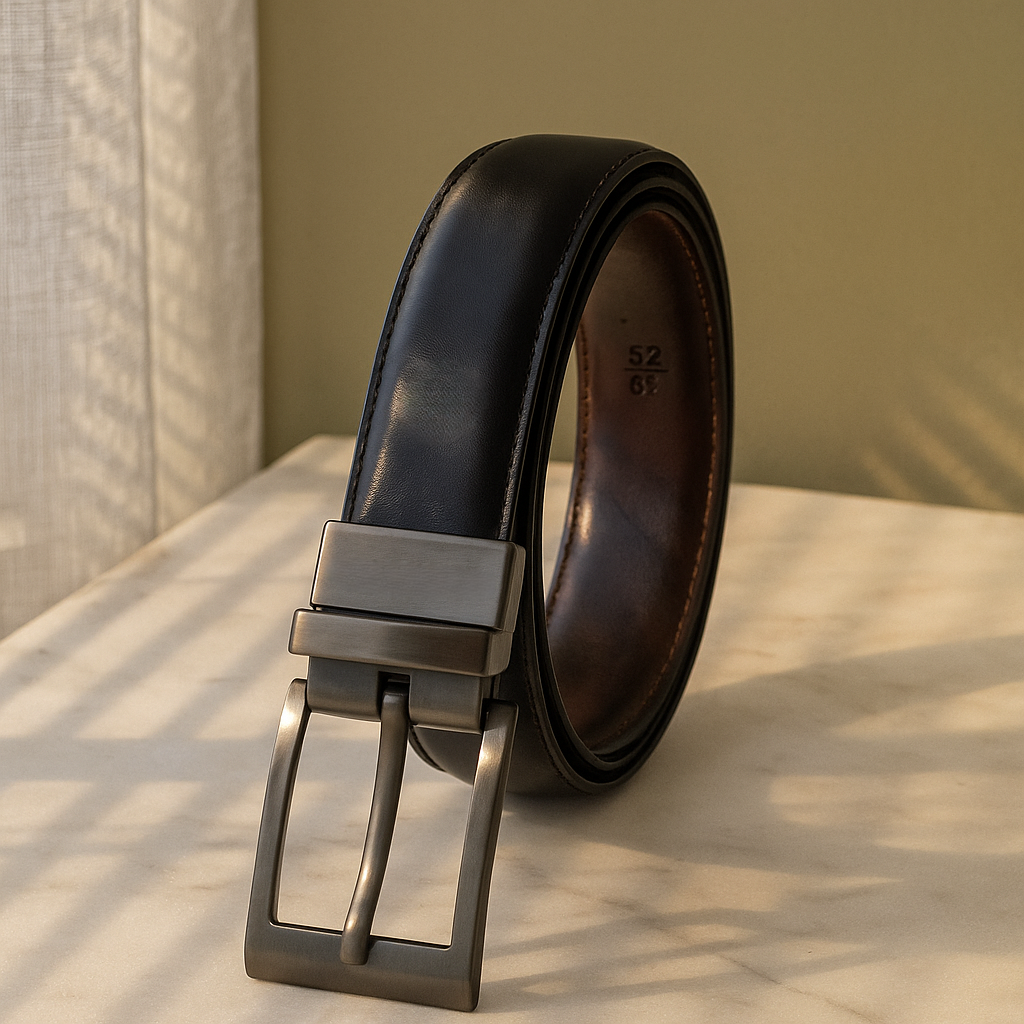 Premium Men’s Black Leather Belt with Elegant Gunmetal Buckle | Reversible Formal & Casual Wear