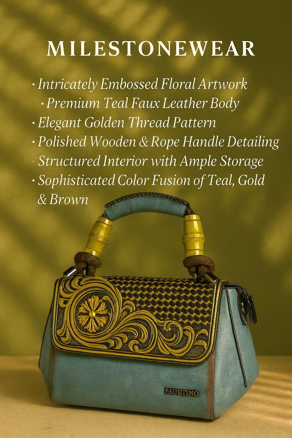 “Teal & Gold Embossed Leather Handbag – Handcrafted Luxury Art by Milestonewear”