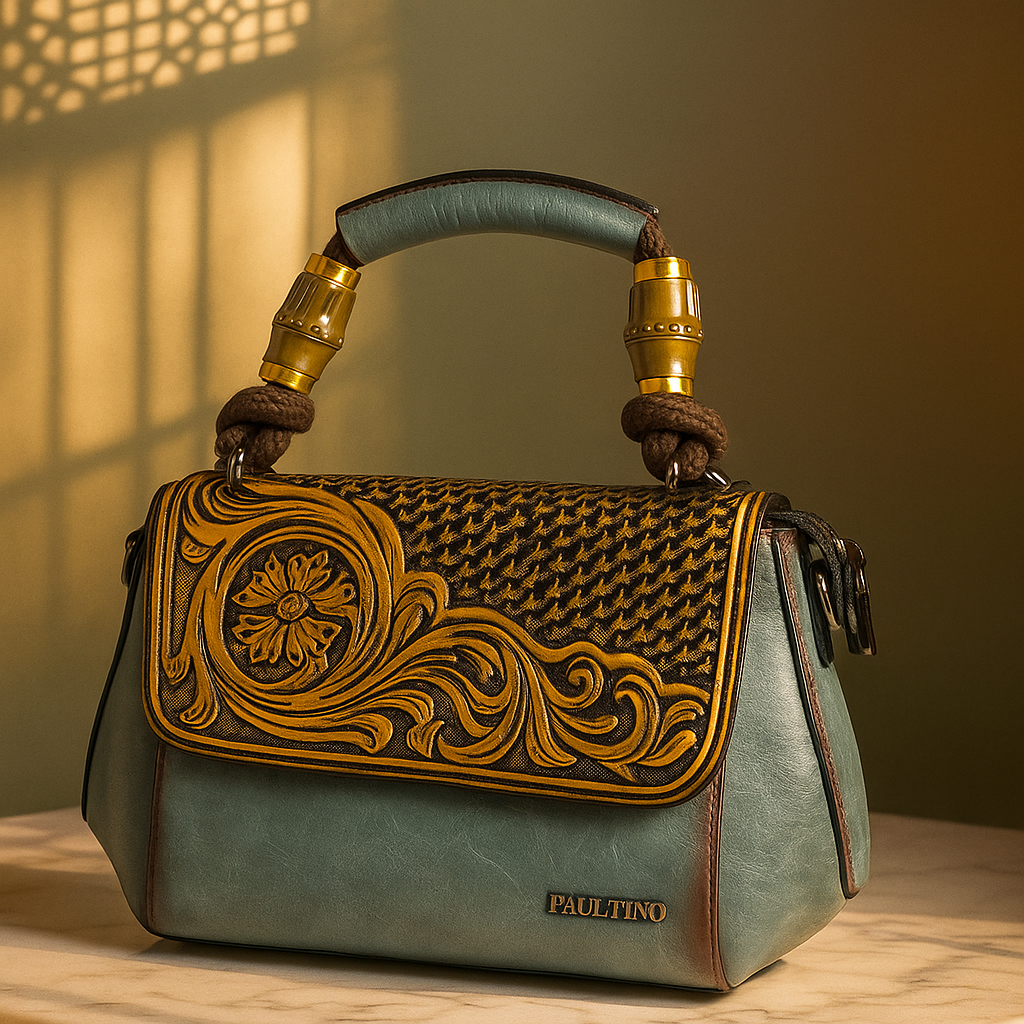“Teal & Gold Embossed Leather Handbag – Handcrafted Luxury Art by Milestonewear”