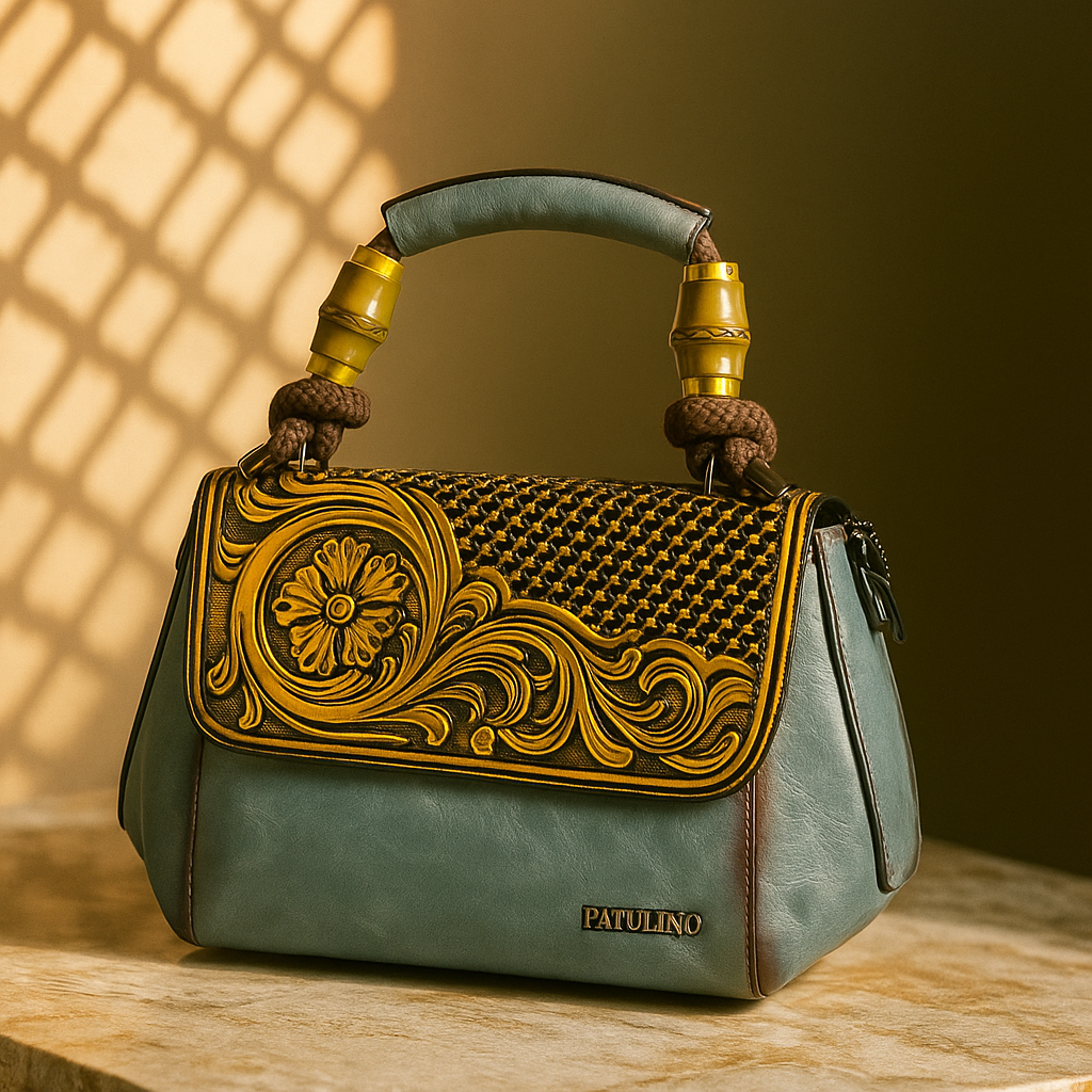 “Teal & Gold Embossed Leather Handbag – Handcrafted Luxury Art by Milestonewear”