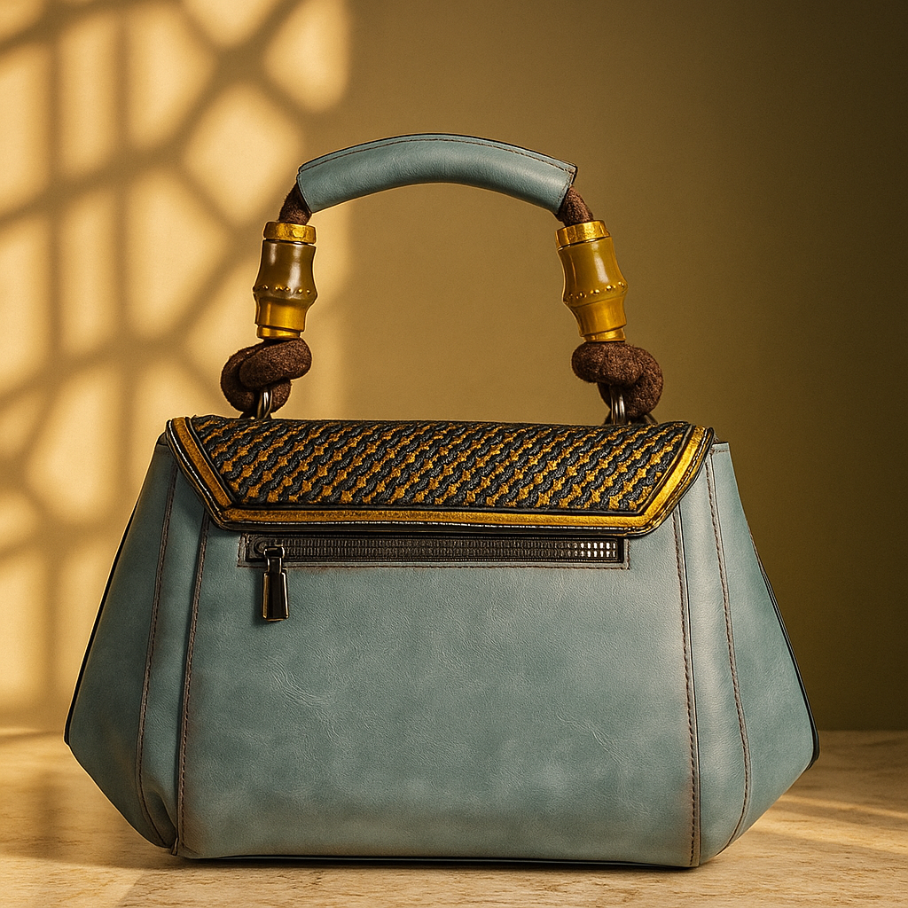 “Teal & Gold Embossed Leather Handbag – Handcrafted Luxury Art by Milestonewear”