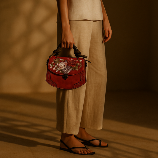 Elegant Red Floral Embroidered Handbag – Vintage Chic Shoulder & Crossbody