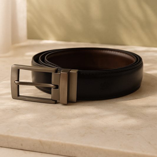 Premium Men’s Black Leather Belt with Elegant Gunmetal Buckle | Reversible Formal & Casual Wear