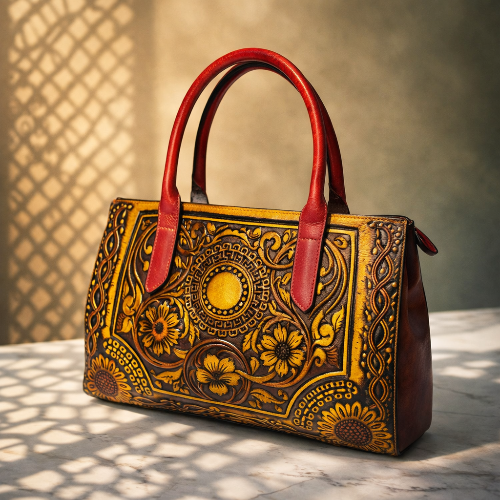 Milestonewear – Premium Handcrafted Floral Embossed Leather Handbag – Red Handle Luxury Women's Bag