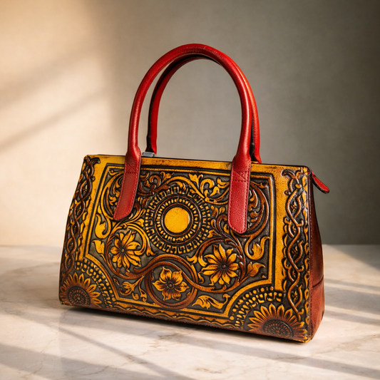 Milestonewear – Premium Handcrafted Floral Embossed Leather Handbag – Red Handle Luxury Women's Bag