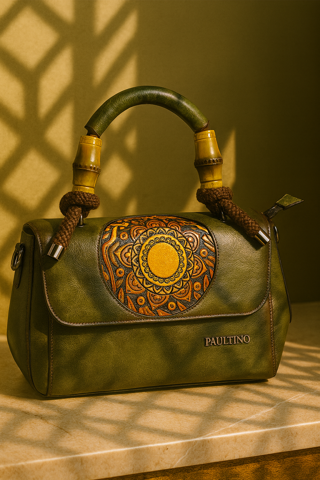 Milestonewear Deep Olive Green Mandala Art Handcrafted Faux Leather Bag