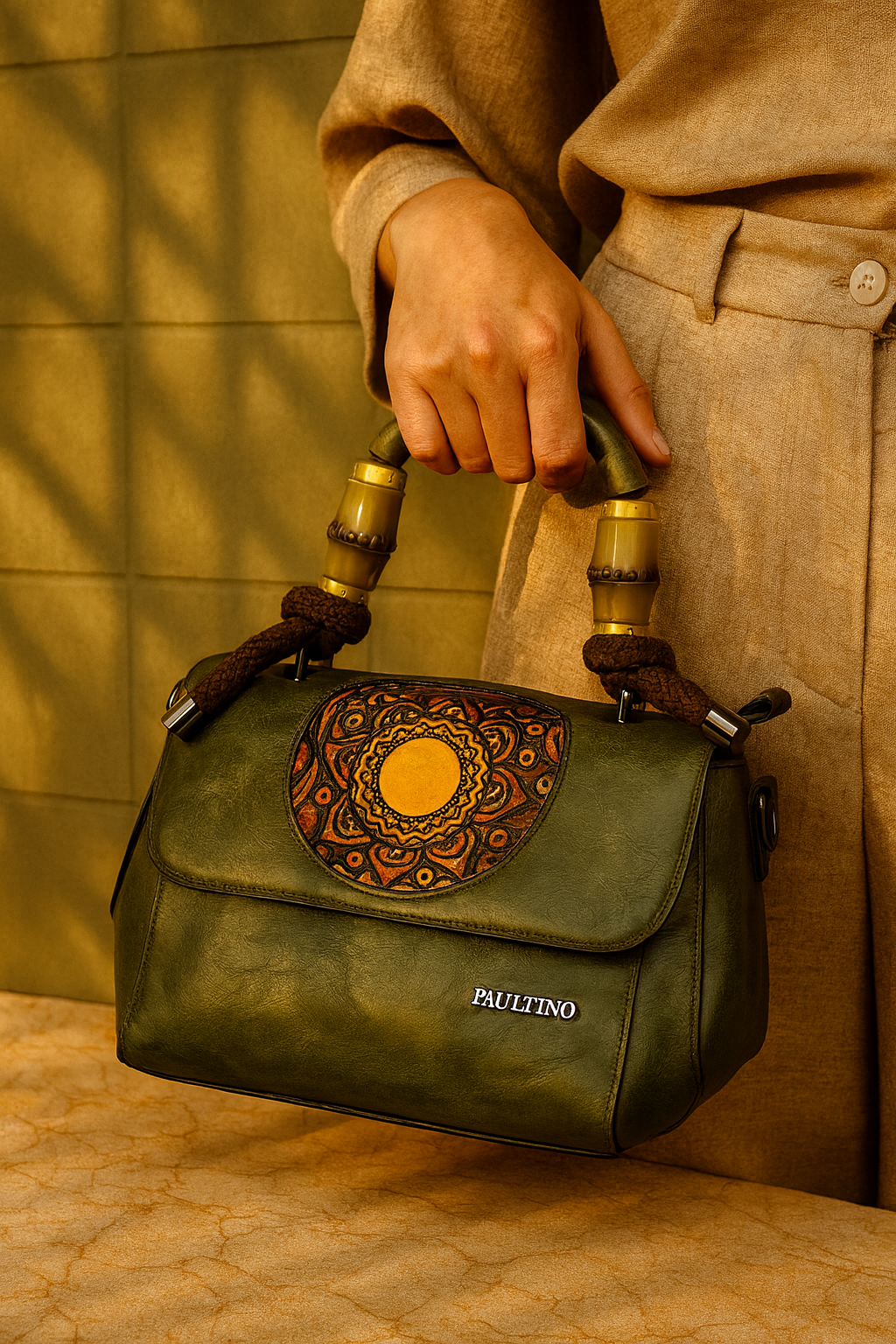 Milestonewear Deep Olive Green Mandala Art Handcrafted Faux Leather Bag