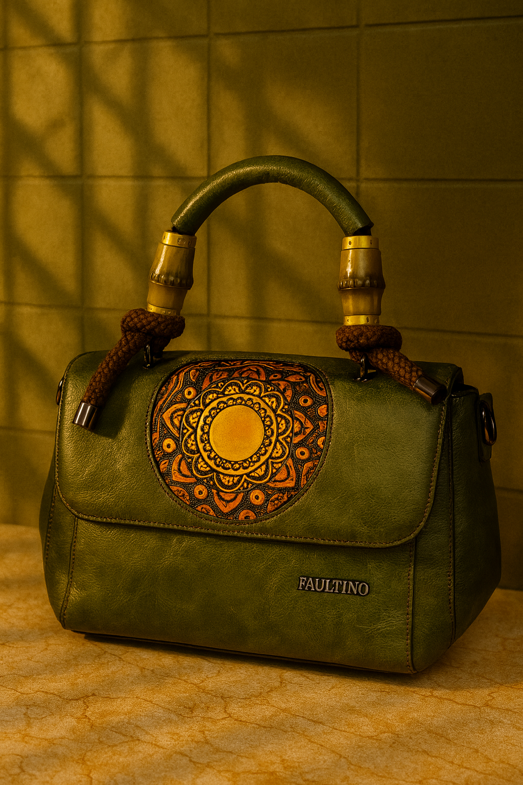 Milestonewear Deep Olive Green Mandala Art Handcrafted Faux Leather Bag