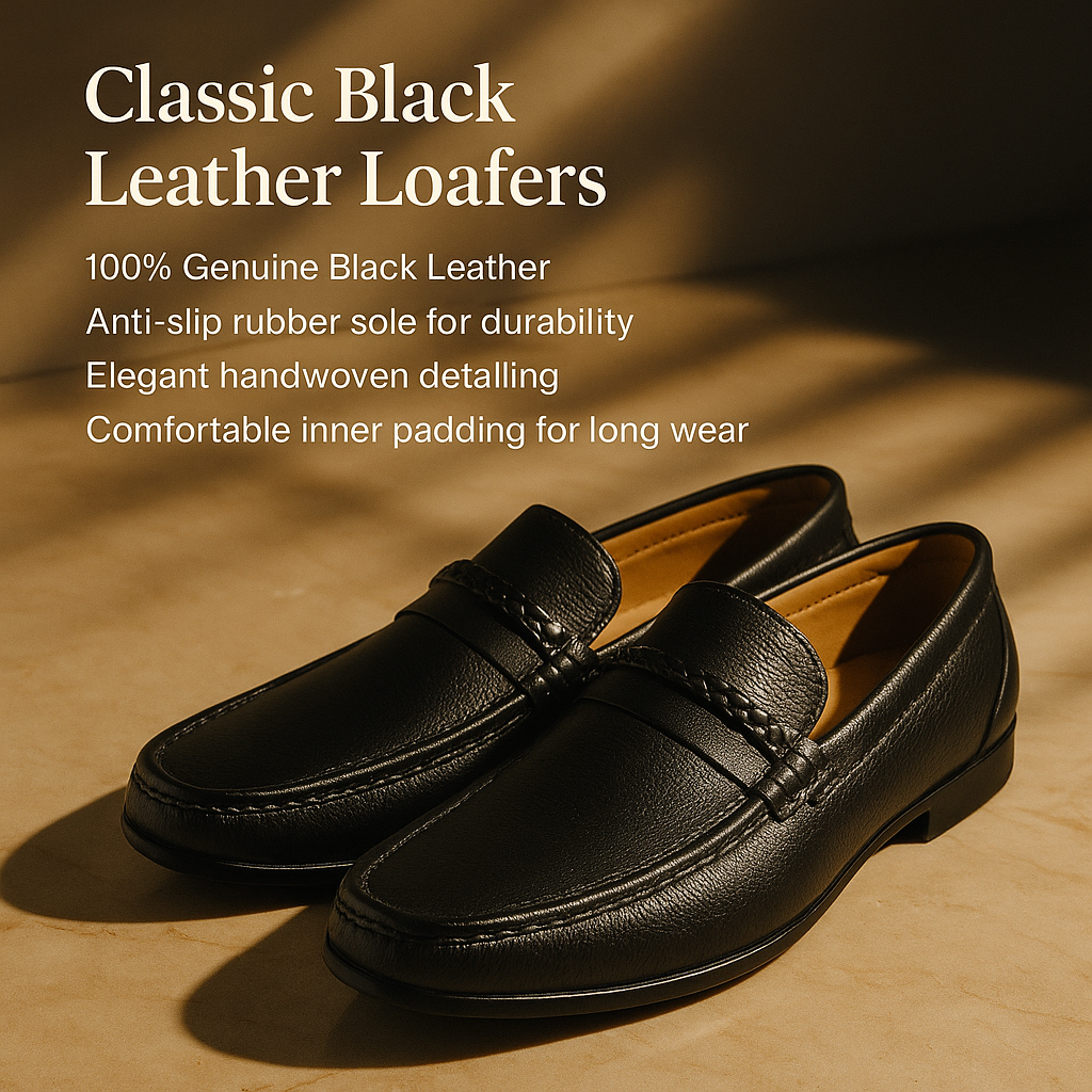 "Classic Black Leather Loafers – Timeless Comfort Meets Modern Elegance"