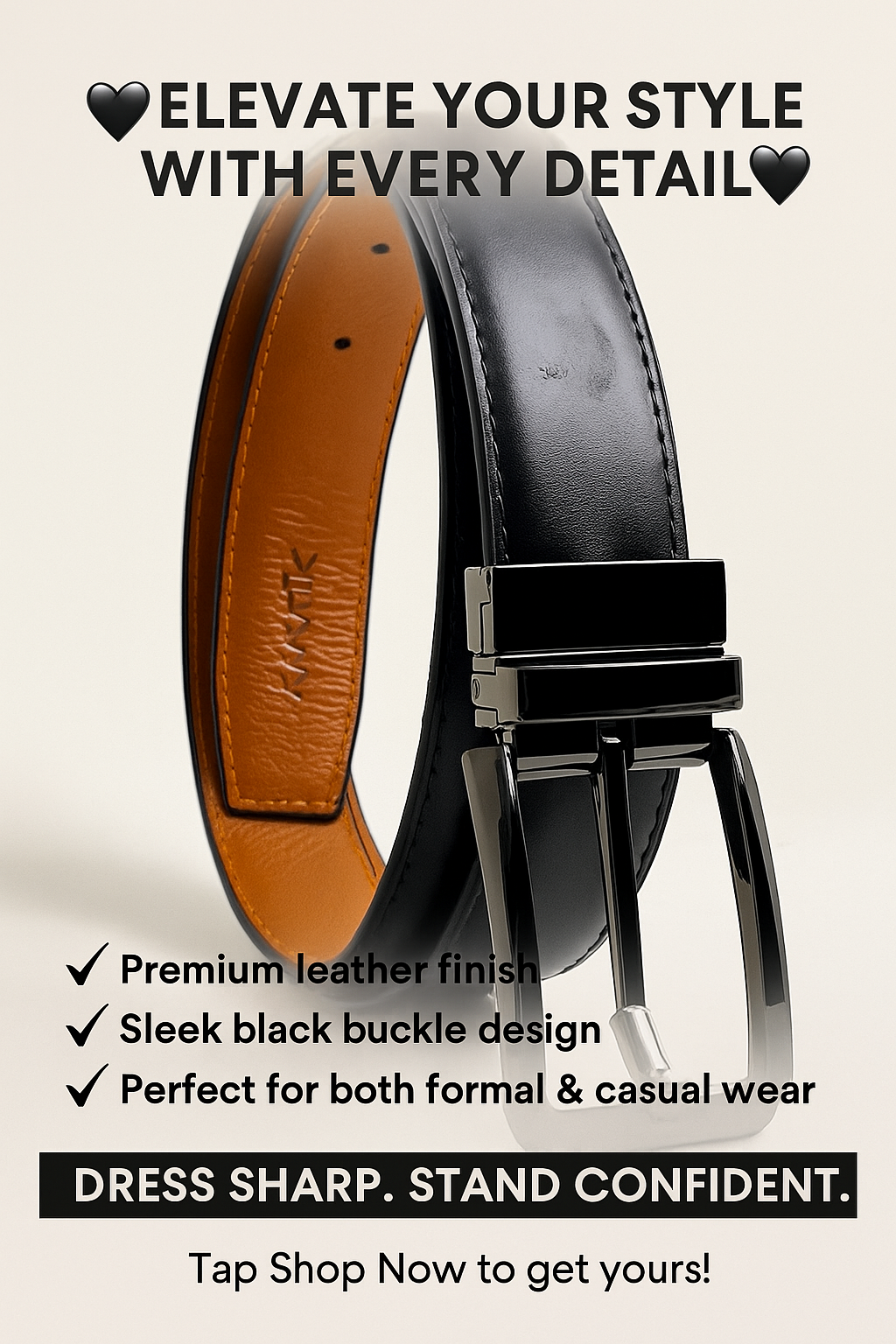 Premium Men’s Black Leather Belt with Elegant Gunmetal Buckle | Reversible Formal & Casual Wear