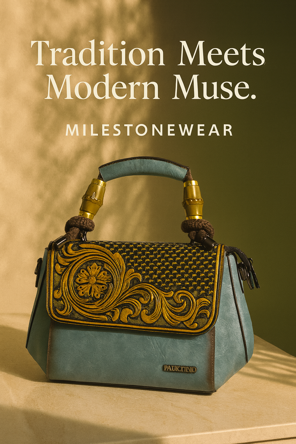 “Teal & Gold Embossed Leather Handbag – Handcrafted Luxury Art by Milestonewear”