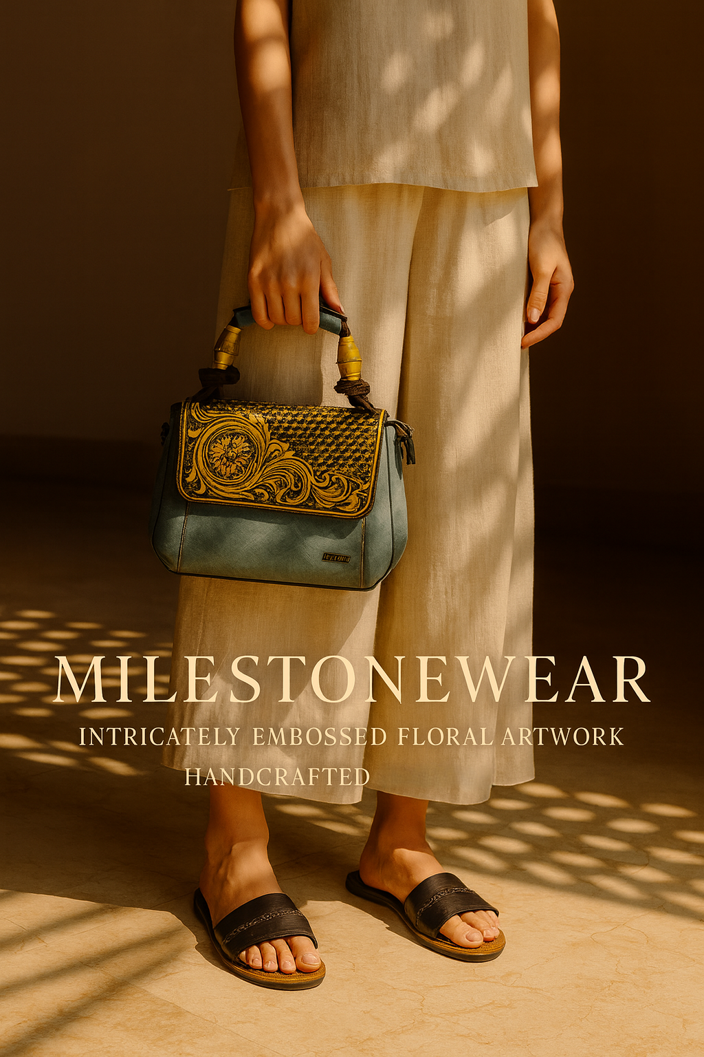 “Teal & Gold Embossed Leather Handbag – Handcrafted Luxury Art by Milestonewear”