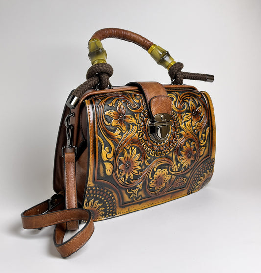 Vintage Floral Carved Leather Handbag – Women’s Crossbody Satchel