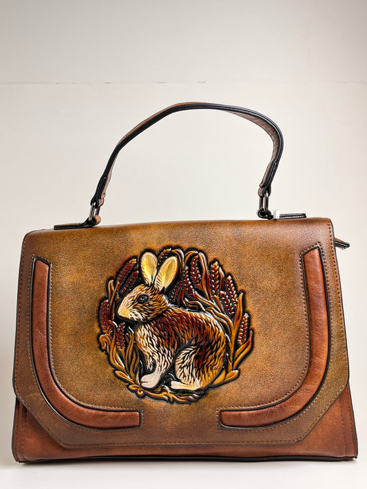 “Artisan Leather Tote Bag – Handcrafted Vintage Satchel with Embossed Rabbit Design”