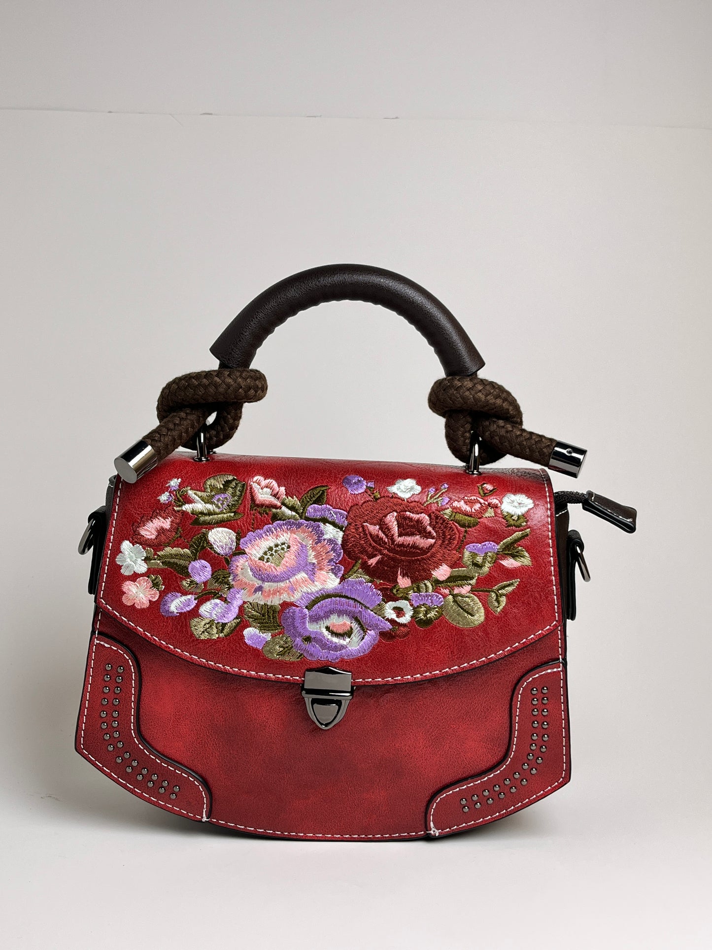 Elegant Red Floral Embroidered Handbag – Vintage Chic Shoulder & Crossbody