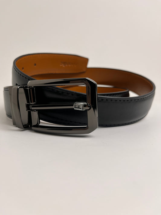 Premium Men’s Black Leather Belt with Elegant Gunmetal Buckle | Reversible Formal & Casual Wear