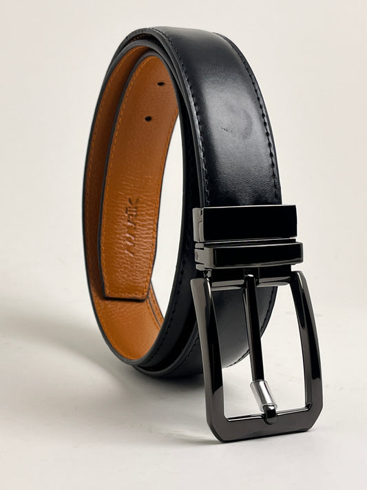 Premium Men’s Black Leather Belt with Elegant Gunmetal Buckle | Reversible Formal & Casual Wear